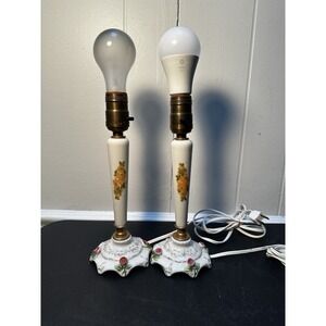 Vintage Porcelain Boudoir‎ Table Lamps Floral Rose Gold Accent Pair Working